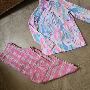 Lilly Pulitzer 1/2 Zip Sweatshirt XXS & Cropped Plaid Pants Sz 6 Pink Blue